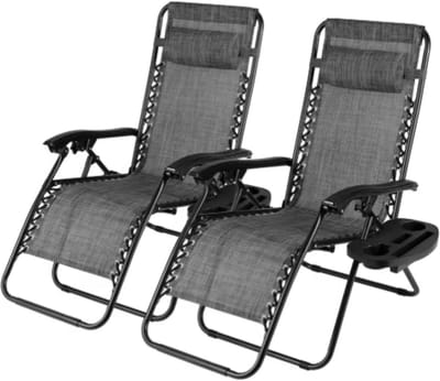 Opvouwbare stoel Valora verstelbare stalen gaas - Zero Gravity lounge stoel - Fauteuils met kussens en bekerhouder - Grijs - 2 stuks