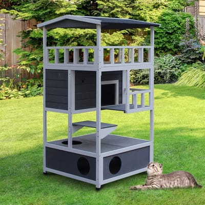 Pawhut Houten Kattenhuis 75,5X75X137 Cm Met Grijs Asfaltdak