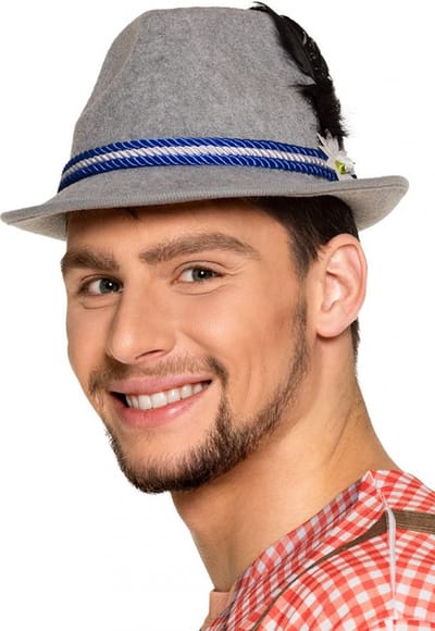 KIMU® Grijze Tiroler Hoed Blauw Edelweiss - Jagershoedje Bloem Oktoberfest Hoedje Veer Festival
