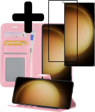 Hoesje - Met Screenprotector - Geschikt voor Samsung Galaxy S23 Ultra - Luxe Pasjeshouder - Bookcase Portemonee - Flip Case - Kunstleer Book Case - Flipcase - Book Cover - Walletcase - Portemonneehoes - Telefoonhoesjes - Lichtroze