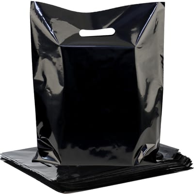 Zwarte plastic boodschappentassen met gestanste handgrepen, verpakking van 100 stuks - 30 x 38 cm, 1,75 ml dikke retailmerchandise zakken bulk voor kleine bedrijven, winkel, feestartikelen