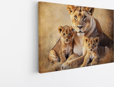 Saammp Canvas Schilderij - Leeuw met 2 welpen - Dieren - Natuur - 45x30 - Foto op canvas - Wanddecoratie - Muurdecoratie Woonkamer - Slaapkamer decoratie - Canvas Print
