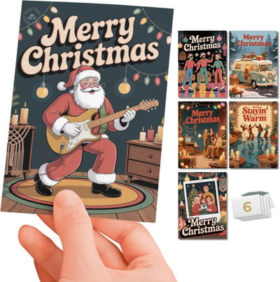 Inspra Studio – Luxe Kerstkaarten met Enveloppen – 6 Stuks – Jaren 70 Wenskaarten Set 2 – Artistieke Illustraties met Nostalgische Retro Stijl