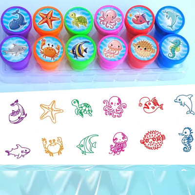 Oceaan Dieren Stempelset Oceaan Leven Zelfinktend Stempel voor Kind Jongen Meisje Verjaardagsfeestje Uitdeelcadeautje Souvenir Cadeau Klaslokaal Bonus Prijzen blue