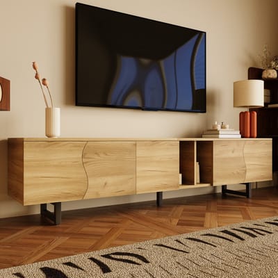 DESMIU TV Dressoir - Natuurlijke Houtnerf Met Golvende Deuren En Open Vakken - Voor Woonkamer En Mediakamer - MDF En Spaanplaat - Naturel - 191x38x46,5 Cm