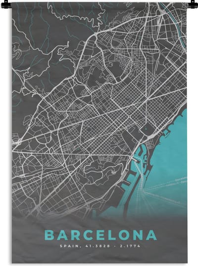 Wandkleed - Wanddoek - Barcelona - Blauw - Plattegrond - Kaart - Stadskaart - 120x180 cm - Wandtapijt
