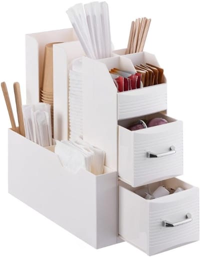 Famanu - Koffie en thee organizer met vakken, opbergbakjes voor cups, suiker, melk en theezakjes, voor thuis en kantoor koffiestation