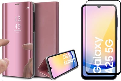 Hoesje geschikt voor Samsung Galaxy A25 / A24 - Screenprotector Volledig Dekkend Glas - Spiegel Book Case Rosegoud