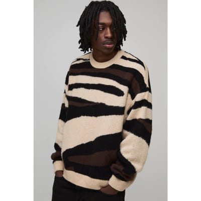 Oversized Boxy Geborsteld Dierlijk Gebreide Trui | Taupe | Size XS