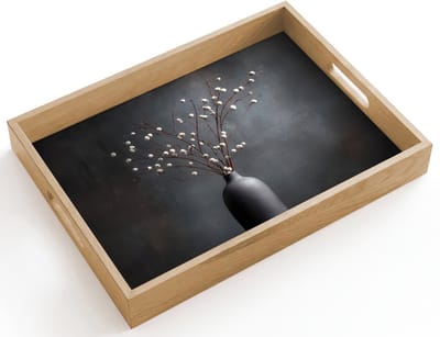 Dienblad hout 40x30 cm - Schootdienblad - Takken - Vaas - Bolletjes - Wit - Borrelplank rechthoek - Plateau dienbladen