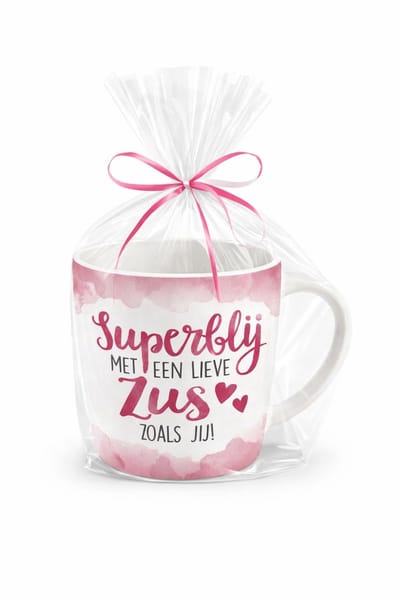 Mok - Koffie - Cadeau - Traktatie - Zus - Voor De Liefste Zus - Keramiek - Cadeauverpakking met gekleurd lint