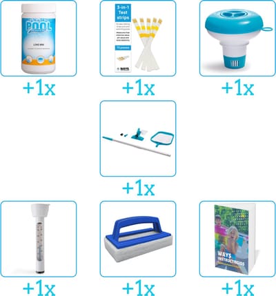Zwembad Onderhoudspakket - Onderhoud Zwembad - bevat Chloor - Testrips - Chloordrijver - Schoonmaakset - Thermometer - Scrubborstel en Zwembadgids (7-delig)