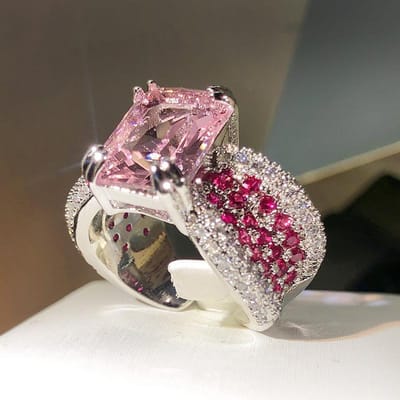 zilveren high-definition roze diamantring vrouwelijke persoonlijkheid opening roze vierklauw edelsteenring vrouwelijke feest verjaardagscadeau resizable gray