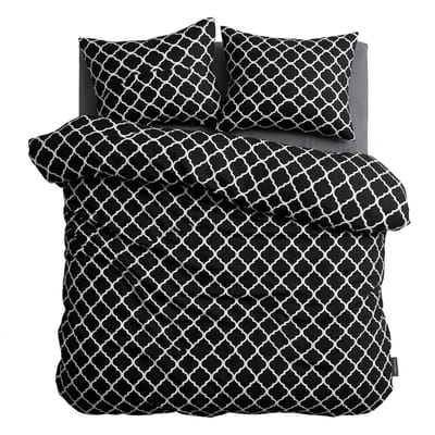 HappyNest - Dekbedovertrek - 2 persoons - 200x200 cm + met 2 Kussenslopen - 60*70 cm - Zwart met Wit Gestreept Klaverpatroon