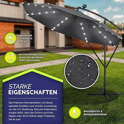 Zweefparasol Ø 300 cm met LED Verlichting & Solar Paneel – Kantelbaar – Aluminium Frame – UPF 50+ Waterafstotend – Inclusief Voet & Handslinger – Tuinparasol voor Balkon & Terras – Mobili Bella