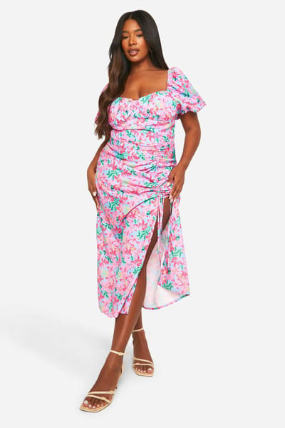 boohoo Dames Plus Geweven Ditsy Bloemen Geraffelde Midaxi-Jurk | Pink | Maat: 22