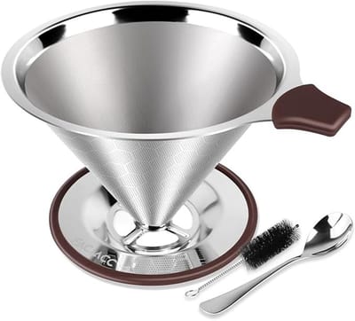 Herbruikbaar Roestvrijstalen Koffiefilter - Pour Over Dripper - 3-4 Kopjes - Inclusief Borstel en Schepje
