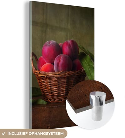 MuchoWow® Glasschilderij 120x180 cm - Schilderij acrylglas - Mand - Pruim - Roze - Rustiek - Fruit - Stilleven - Foto op glas - Schilderijen
