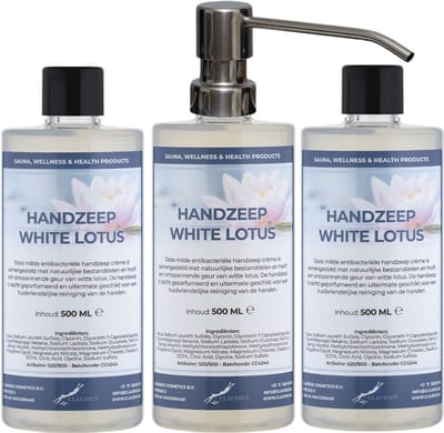 Handzeep White Lotus 500 ml - set van 3 stuks - met gratis RVS zilverkleurige pomp - Voordeelverpakking