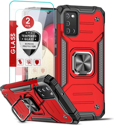 Hoesje Geschikt Voor Samsung Galaxy A03s Hoesje Heavy Duty Armor Hoesje Rood - Galaxy A03S Case Kickstand Ring cover met Magnetisch Auto Mount- Hoesje Geschikt Voor Samsung Galaxy A03S screenprotector 2 pack