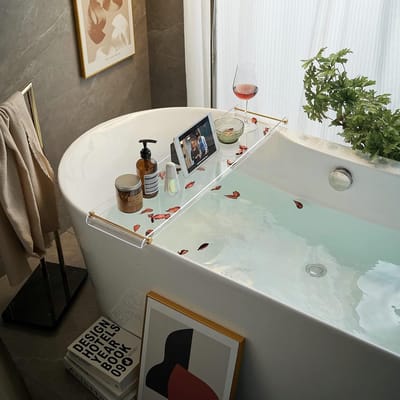Badkuipdienblad van doorzichtig acryl met gouden handgrepen - 80 cm breed - Luxe badaccessoire voor ontspanning in bad