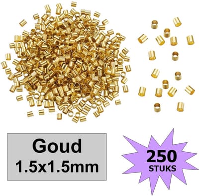 Fako Bijoux® - Knijpkralen - Knijp Kralen - Crimp Beads - Metaal - Tube - 1.5x1.5mm - 250 Stuks - Goudkleurig