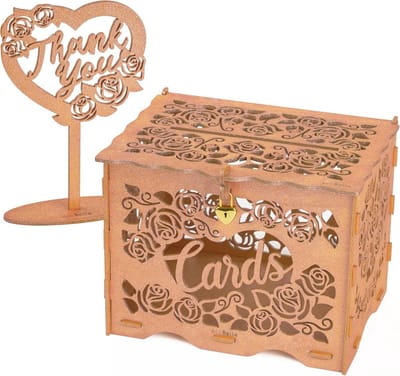 Houten Kaartdoos - Bruiloftsbrievenbus Spaarpot - Geld Verzamelen - Met Slot en Sleutel - 30 cm - Roségoud