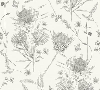 VLINDERS EN BLOEMEN BEHANG | Botanisch & Dieren - Wit Zwart - Living Walls Drawn Into Nature