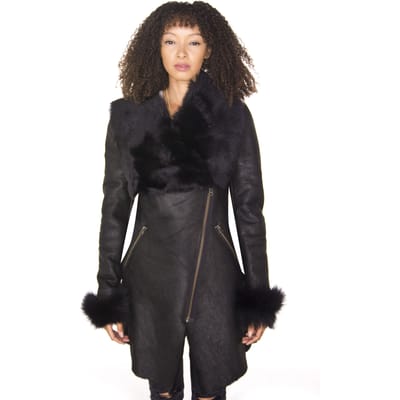 Dames zwarte merino shearling jas met Toscana kraag-Fortaleza