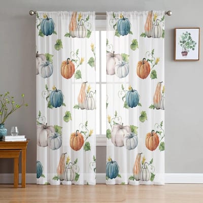 Thanksgiving Pompoen Esdoornblad Woonkamer Slaapkamer Transparante Gordijnen Vakantiedecoratie Raam Voile Tule Gordijn 135W x 114H(cm) white