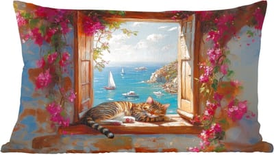 Sierkussens - Kussentjes Woonkamer - 60x40 cm - Kat - Blauwe zee - Roze bloemen