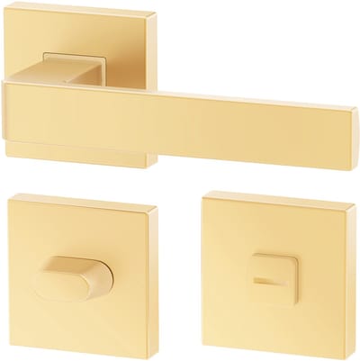 Mat Gouden Deurbeslag ERGO, Deurbeslag set Binnendeur, Deurklink Set, Deurklink Op Vierkante Rozet met WC-rozet/badkamer, Mat Goud, Deurkruk, Incl. Bevestigingsmateriaal - Terugslagveer