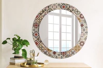 Wallfluent Bedrukte Ronde Spiegel - Ronde Wandspiegel Decoratieve Print Turks Patroon - 60 cm / 46 cm - Veelkleurig - Veelkleurig Ronde Spiegel Met Bedrukte Lijst - Slaapkamerspiegel - Badkamerspiegel - Gang - Kleedkamer - Eenvoudige installatie