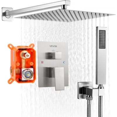 VEVOR Douchekraan Regendouchesysteem voor Badkamer Douchesysteem met 305 mm Vierkante Regendouchekop & Handdouche, Wandgemonteerde Badkamerkranen met Messing Klep & Afwerkingsset, Geborsteld Nikkel