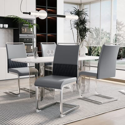 Eetkamerstoelen, set van 4, PU-leer en linnen rugleuning, hoge gestoffeerde stoel, horizontale strepen op de rugleuning, geschikt voor eetkamer, keuken, gastenkamer of kantoor, grijs