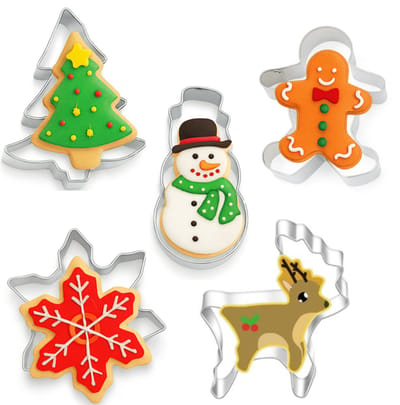 Kerst Uitsteekvormpjes Set - 5 RVS vormpjes met kerstboom, kerstman, ster, rendier en koekemannetje - Kerstkoekjes Bakken - Vormen voor Deeg Uitsteken