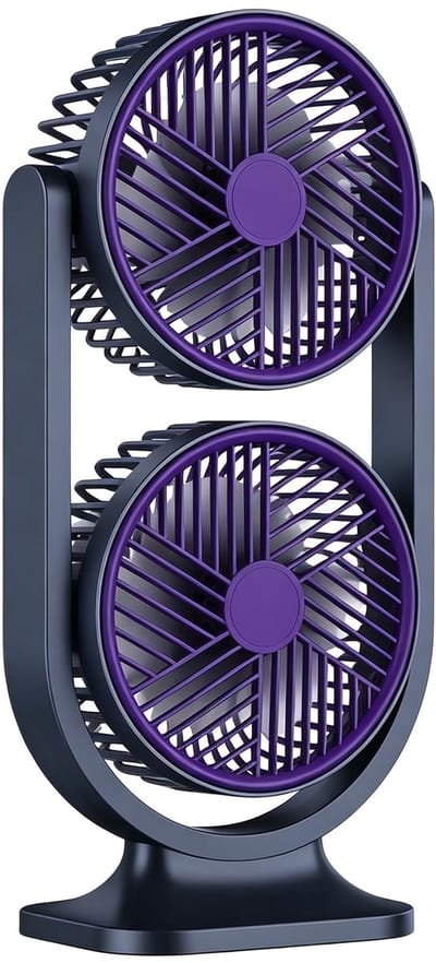 Tafelventilator met Dubbele Kop - Oplaadbaar via USB - 5 Standen met Licht - Instelbare Helling - 1 Stuk (Grijsviolet)