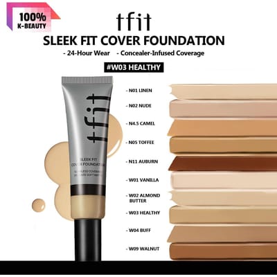 TFIT SLEEK FIT COVER FOUNDATION 30g W01-W04/W09, Zijdezachte Matte Textuur, Matige Dekking, Langdurig Effect, Koreaanse Cosmetica, Koreaanse Make-up W03 HEALTHY