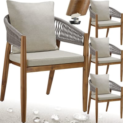tectake® Set van 4 Tuinstoelen Manacor - Houten Tuinstoel in Rope-Design - Balkonset - Weerbestendige Buitenstoel van Gelakt Acaciahout - Grijs/Beige - 59 x 58 x 76,5 cm - Stoelen voor Tuin, Balkon, Terras