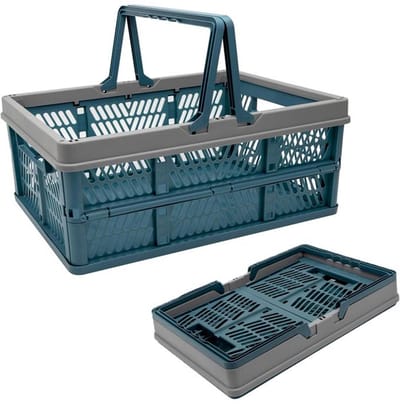KZQ Opvouwbare boodschappenmand - Ruime opbergdoos met handvat, gemaakt van kunststof - Geschikt voor in de auto, keuken en op de camping - Draagbaar en compact - 42,5 x 33 x 24 cm - Blauw