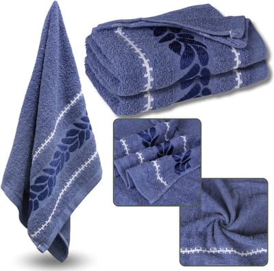 Blauwe Katoenen Handdoek met Decoratief Borduurwerk, Bladeren 48x100 cm
