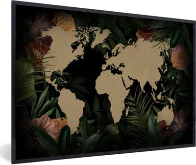 Poster in lijst - Fotolijst 90x60 cm - Posters - Wereldkaart - Planten - Bloemen - Posterlijst zwart - Decoratie - Wanddecoratie woonkamer - Muurdecoratie slaapkamer