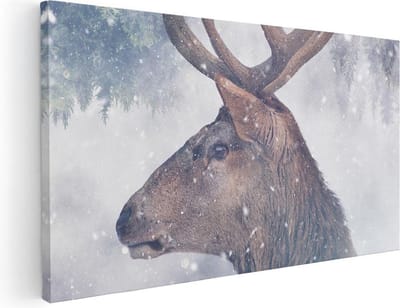 Artaza Canvas Schilderij Hert - 40x20 cm - Klein - Wanddecoratie Hertenkop Met Gewei - Muurdecoratie Winterlandschap - Schilderijen Op Canvas