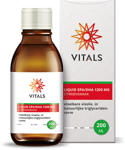 Vitals Liquid EPA/DHA 1200 mg - 200 ml - omega 3. Vloeibare visolie, in natuurlijke triglyceridenvorm met citroensmaak.
