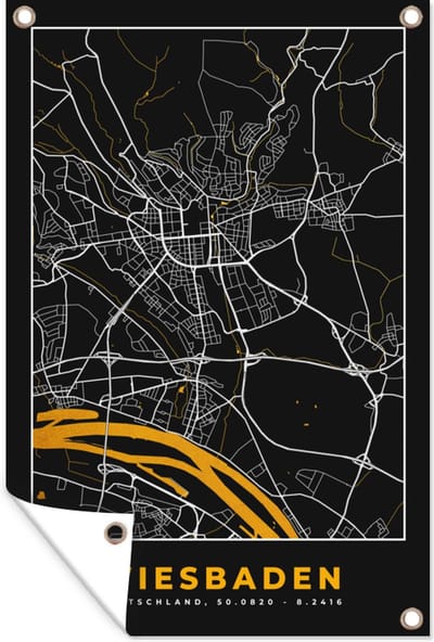 Muurdecoratie Wiesbaden - Duitsland - Kaart - Goud - Plattegrond - Stadskaart - 120x180 cm - Tuinposter - Tuindoek