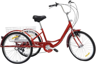 Driewieler voor volwassenen - Driewiel fiets - Boodschappen doen - 6 versnellingen met mand - 24 inch - Rood