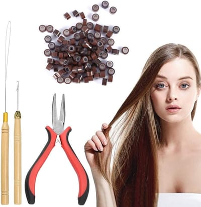 100 Stuks Silicone Kralen voor Haarverlenging met Micro Ringen, Haak, Trekhaak en Tang Set