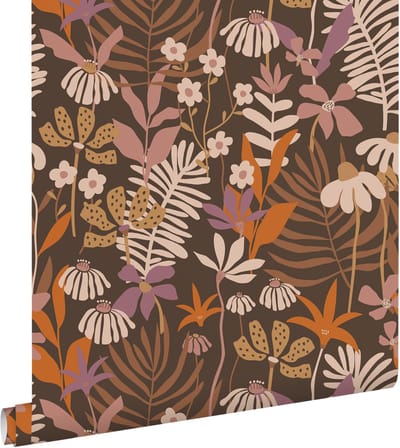 ESTAhome behang tropische bladeren en bloemen bruin, paars en meerkleurig - 50 x 900 cm - 130998