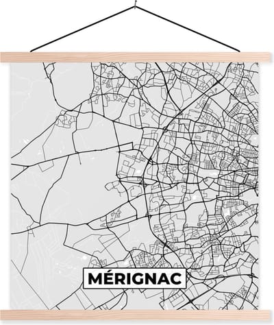 Posterhanger incl. Poster 40x40 cm - Schoolplaat - Mérignac - Plattegrond - Frankrijk - Kaart - Stadskaart - Textielposter - Blanke latten - Stadskaart