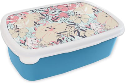 Broodtrommel Blauw - Lunchbox - Brooddoos - Vintage - Bloem - Roze - Patronen - 18x12x6 cm - Kinderen - Jongen